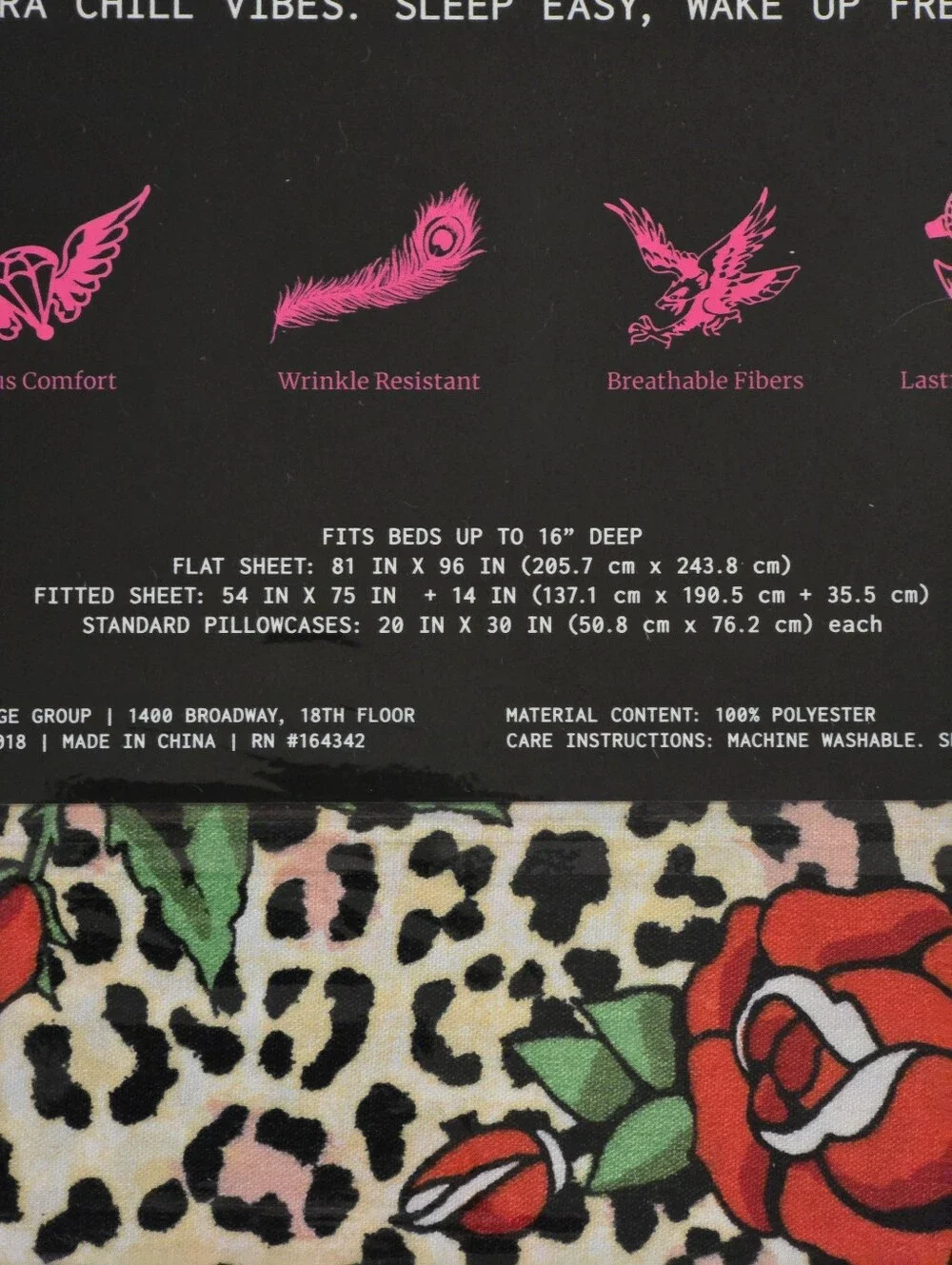 Ed Hardy 6 Piece Rose Cheetah Leopard Print Full Sheet Set